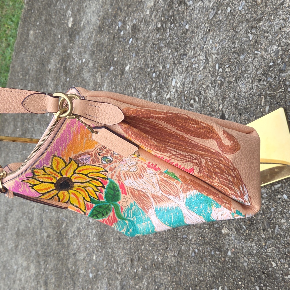 Handpainted Faded Blush Cat and Sunflower Women's Bag. Excellent Used Condition. - Picture 3 of 13